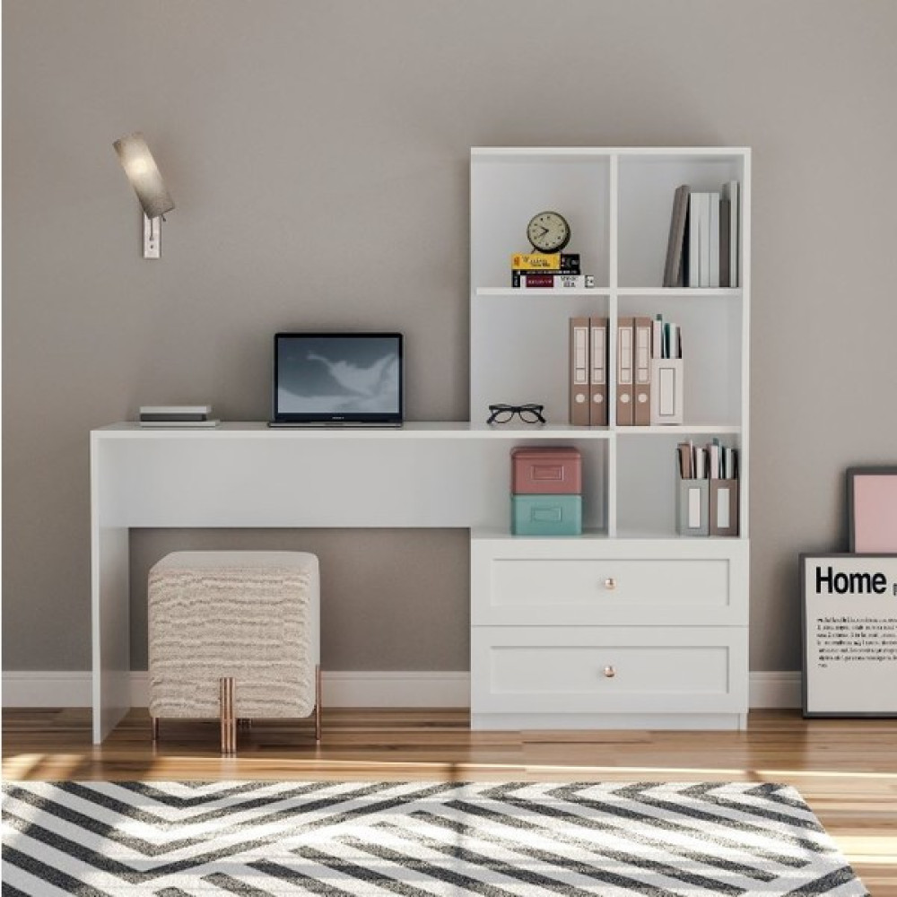 Zenio Side Çalışma Masası Kitaplıklı Çekmeceli Beyaz - Y: 152 cm D: 60 cm G: 155 cm Çalışma Masası Fiyatı