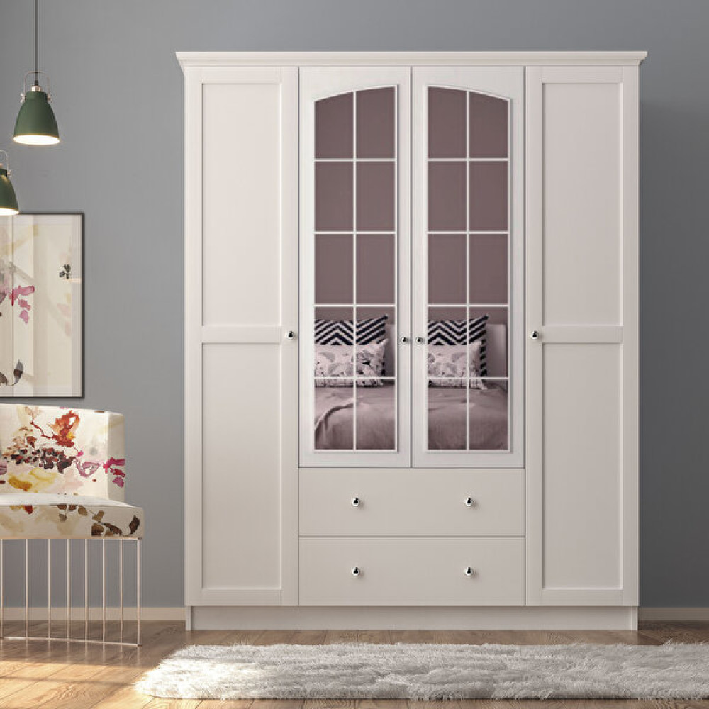 Zenio Side Rose 4 Kapak 2 Çekmece Aynalı Gardırop  Beyaz Gardrop & Dolap Fiyatı