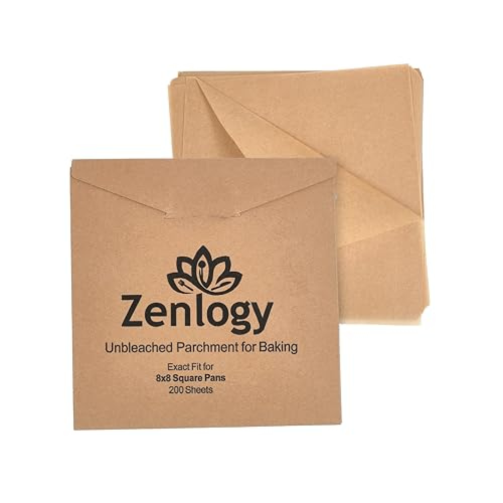 Zenlogy 8x8 Parchment Squares (200 sheets) - Unbleached, Non-stick, Pre-cut Parchment Paper - Fits 8x8 Brownie Square Pans and Toaster Oven Trays, and Air Fryer - Great for Wraps, Baking, Roasting