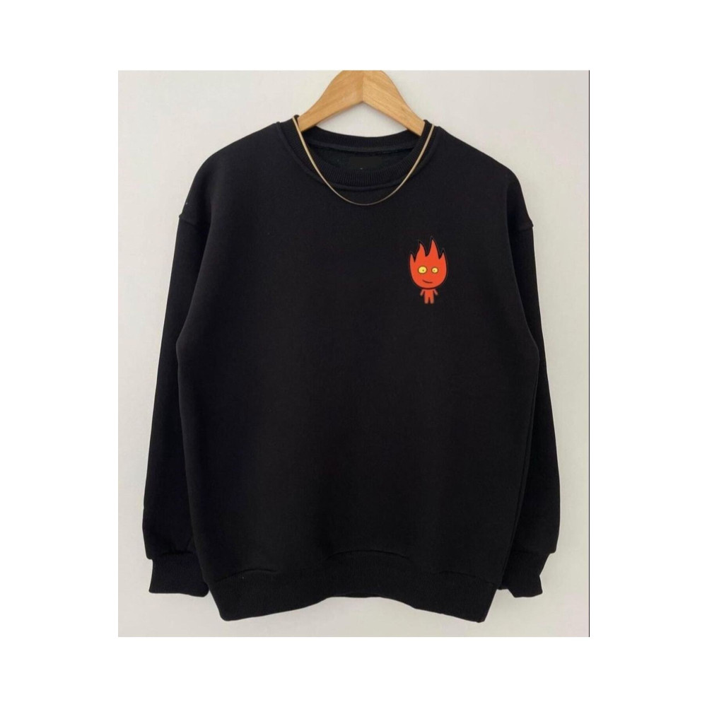 Zeo giyim Oversıze Sıyah Ateş Su Baskılı 0 Yaka Kapşonsuz Pamuklu Sweatshirt XL/2XL Beden Bayan Sweatshirt Fiyatı