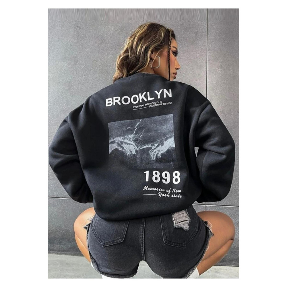Zeo giyim Siyah Oversize Brooklyn 1898 Baskılı Bisiklet Yaka Kapşonsuz Pamuklu Sweatshirt S/M Beden Bayan Sweatshirt Fiyatı