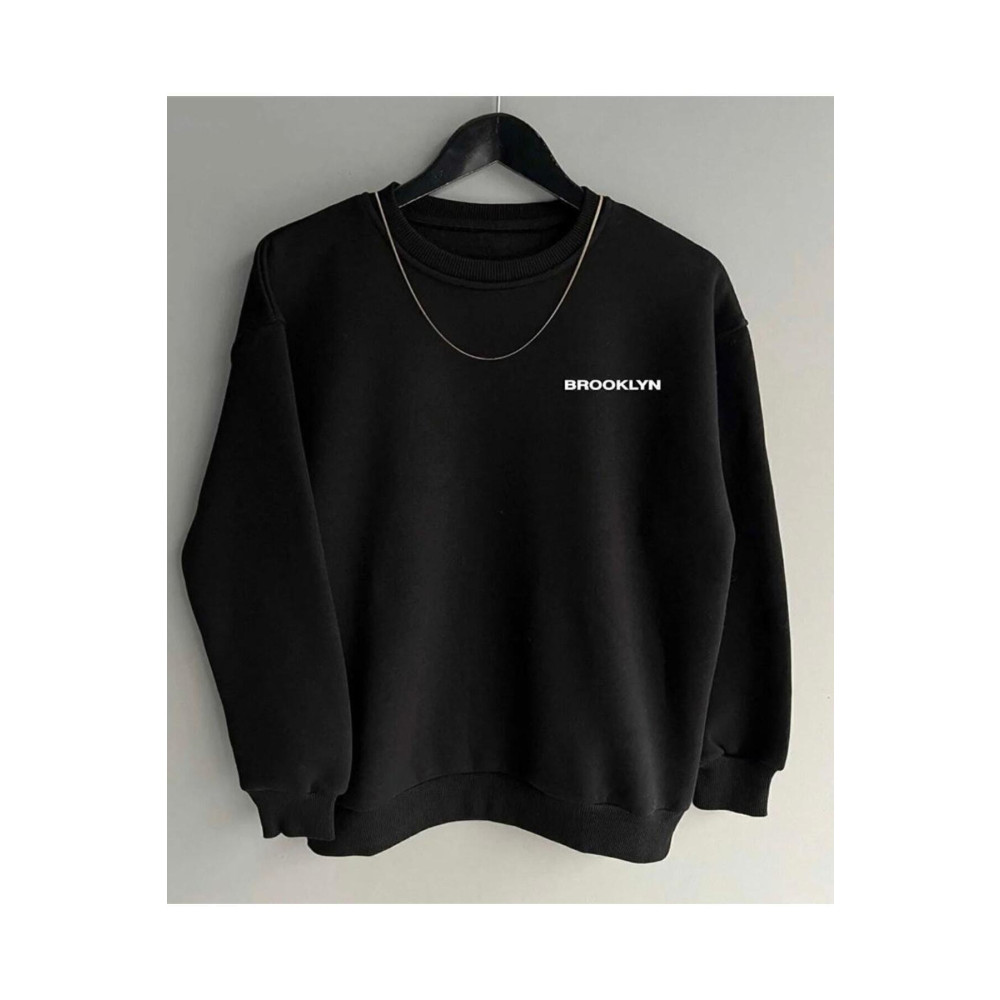 Zeo giyim Siyah Oversize Brooklyn Baskılı Pamuklu Kapşonsuz 0 Yaka Unisex Sweatshirt XS Beden Bayan Sweatshirt Fiyatı