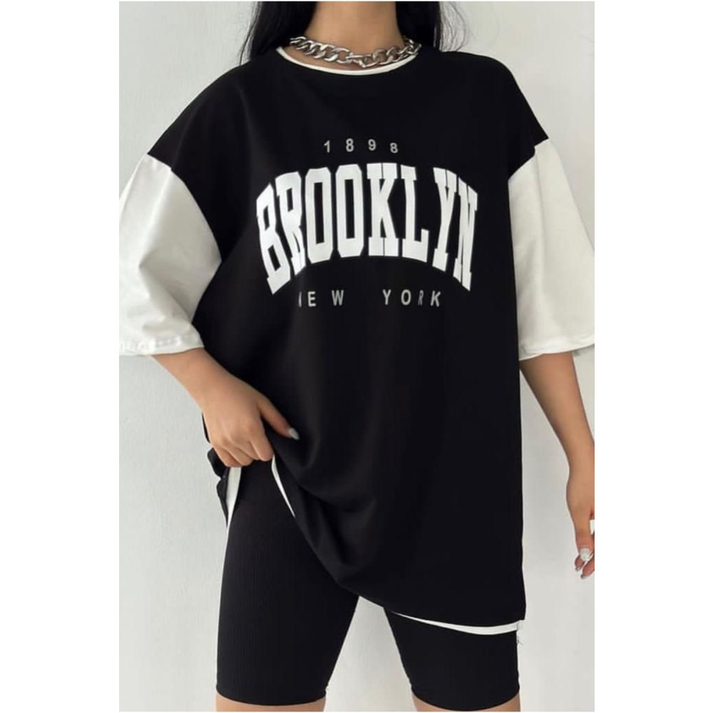Zeo giyim Siyah Oversize Çift Renk Brooklyn Baskılı Unisex Tshirt S/M Beden Bayan T-shirt Fiyatı