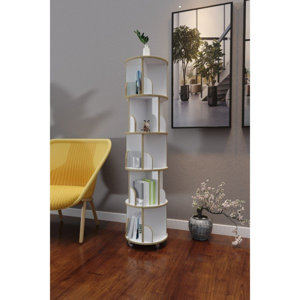 Zeo Wood Design 360° Dekoratif Döner Kitaplık- 5 Katlı/20 Raflı - Beyaz Kitaplık Fiyatı