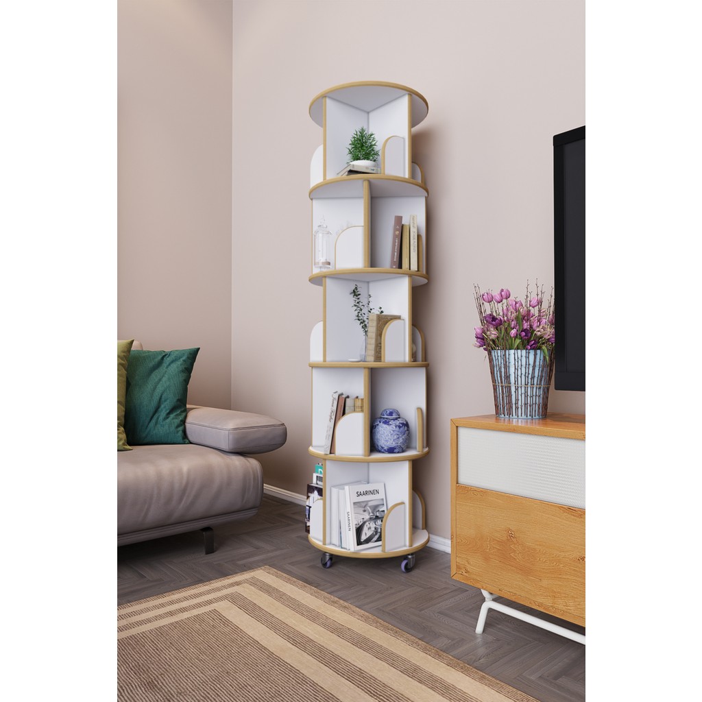 Zeo Wood Design 360° Dekoratif Döner Kitaplık- 5 Katlı/20 Raflı - Beyaz Kitaplık Fiyatı