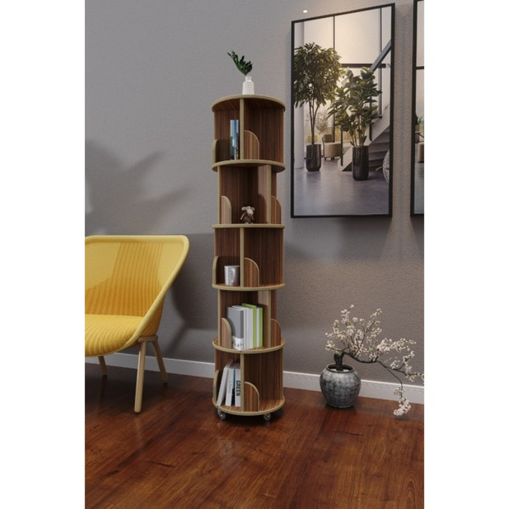 Zeo Wood Design 360° Dekoratif Döner Kitaplık- 5 Katlı/20 Raflı - Ceviz Kitaplık Fiyatı