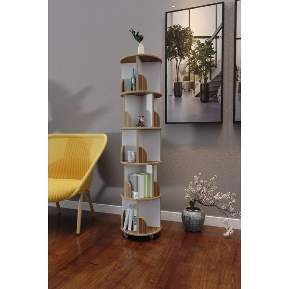 Zeo Wood Design 360° Dekoratif Döner Kitaplık- 5 Katlı/20 Raflı - Ceviz/Beyaz - Ceviz - Beyaz Kitaplık Fiyatı