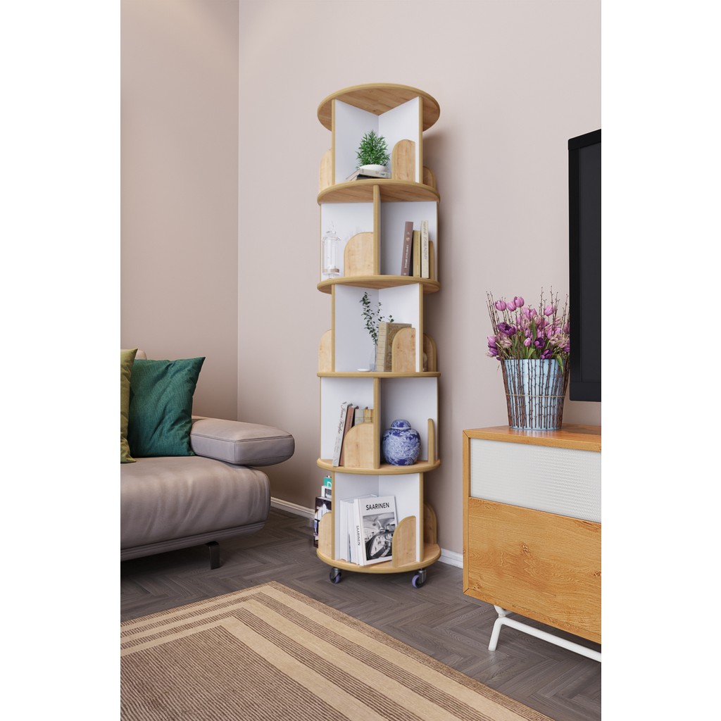 Zeo Wood Design 360° Dekoratif Döner Kitaplık- 5 Katlı/20 Raflı - Safir Meşe-Beyaz - Beyaz - Safir Meşe Kitaplık Fiyatı
