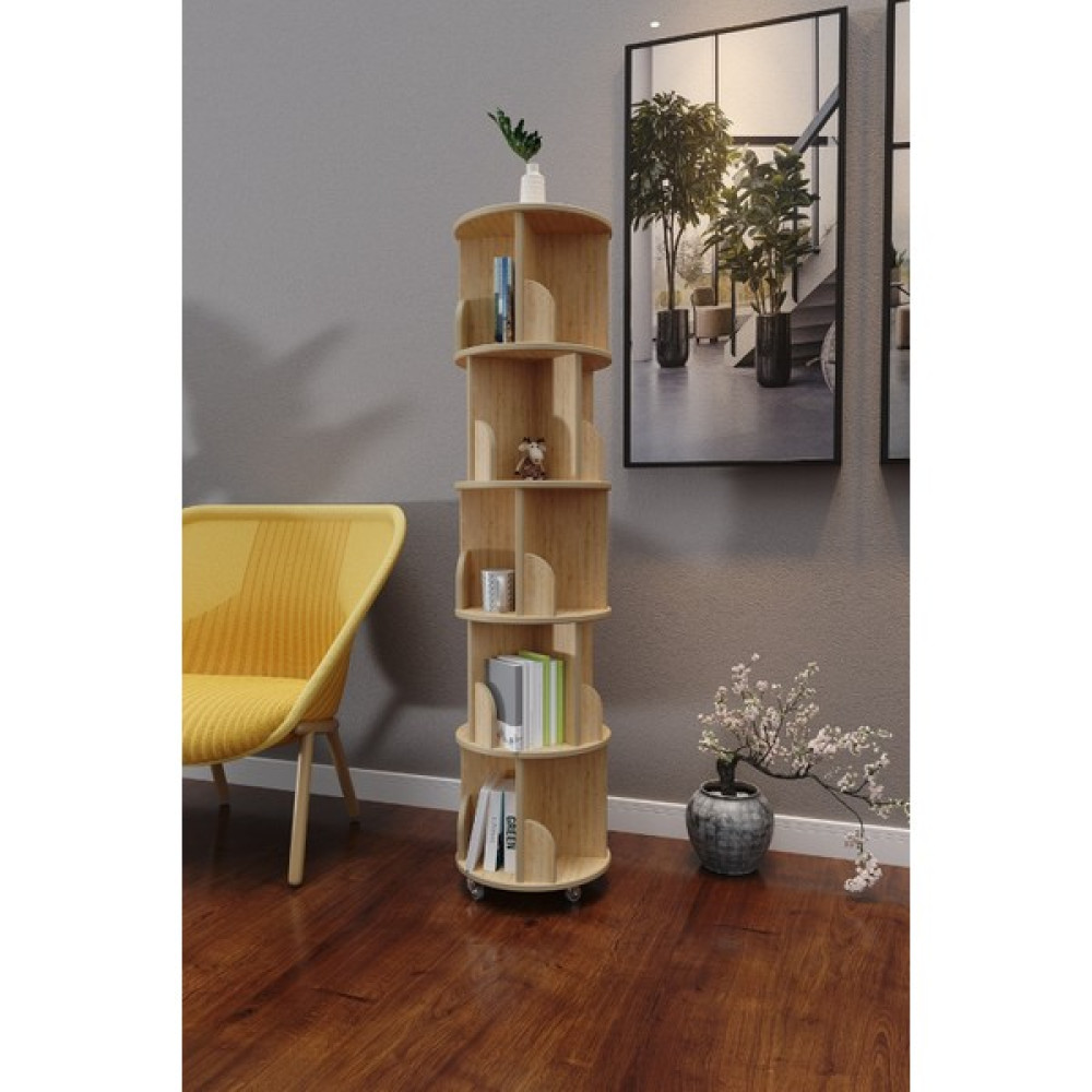 Zeo Wood Design 360° Dekoratif Döner Kitaplık- 5 Katlı/20 Raflı - Safir Meşe - Safir - Meşe Kitaplık Fiyatı