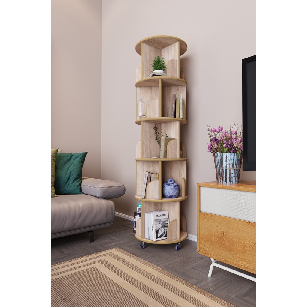 Zeo Wood Design 360° Dekoratif Döner Kitaplık- 5 Katlı/20 Raflı - Sonoma Kitaplık Fiyatı