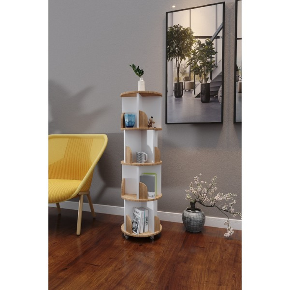 Zeo Wood Design 360° Dekoratif Döner Kitaplık - Beyaz / Safir Meşe - 133x45 Cm - Atlantik Çam - Beyaz Kitaplık Fiyatı