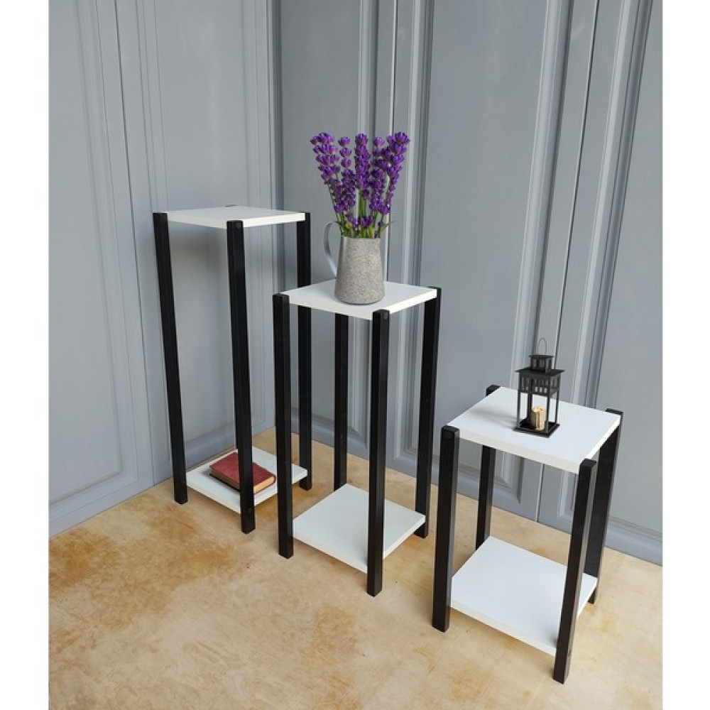 Zeo Wood Design Üçlü Dekoratif Çiçeklik/Sehpa - Beyaz Yan Sehpa Fiyatı
