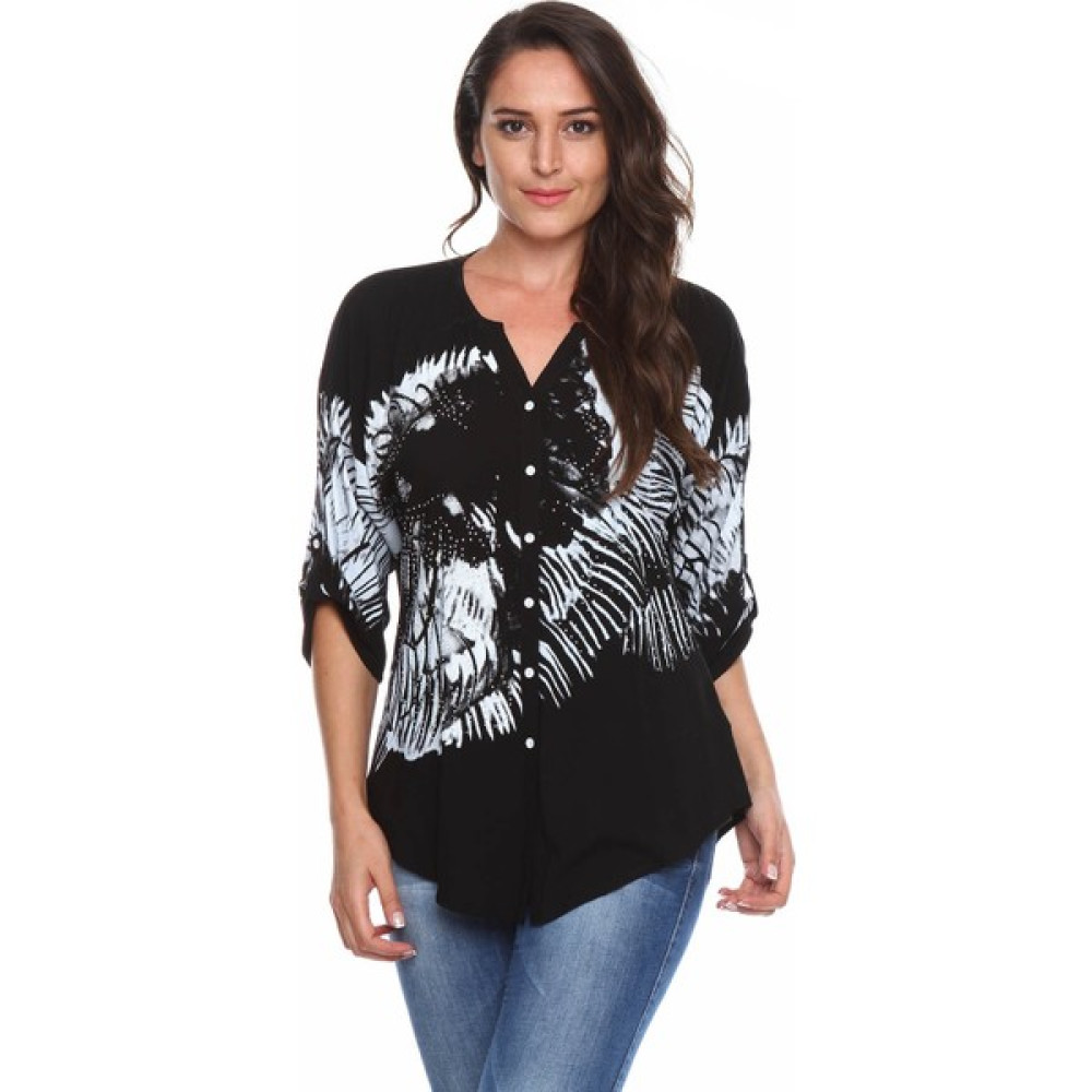 Zer Otantik Baskılı Taş Detay Büyük Beden Gömlek Bluz Siyah Bluz Fiyatı