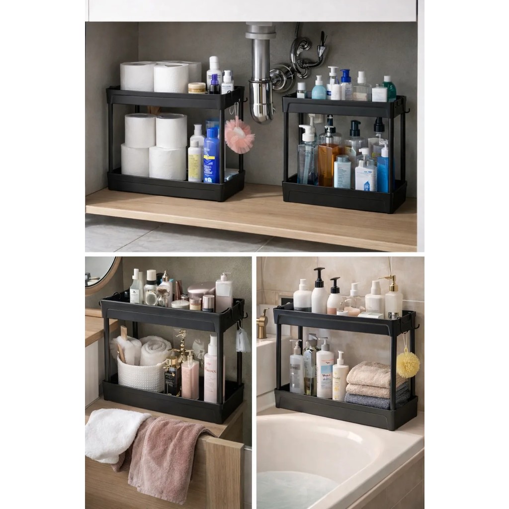 Zerafet Çok Amaçlı 2 Katlı Evye Altı Düzenleyici Askılı Banyo Dolap Içi Organizer Rafı Standı 36x35 cm - Siyah Diğer Fiyatı