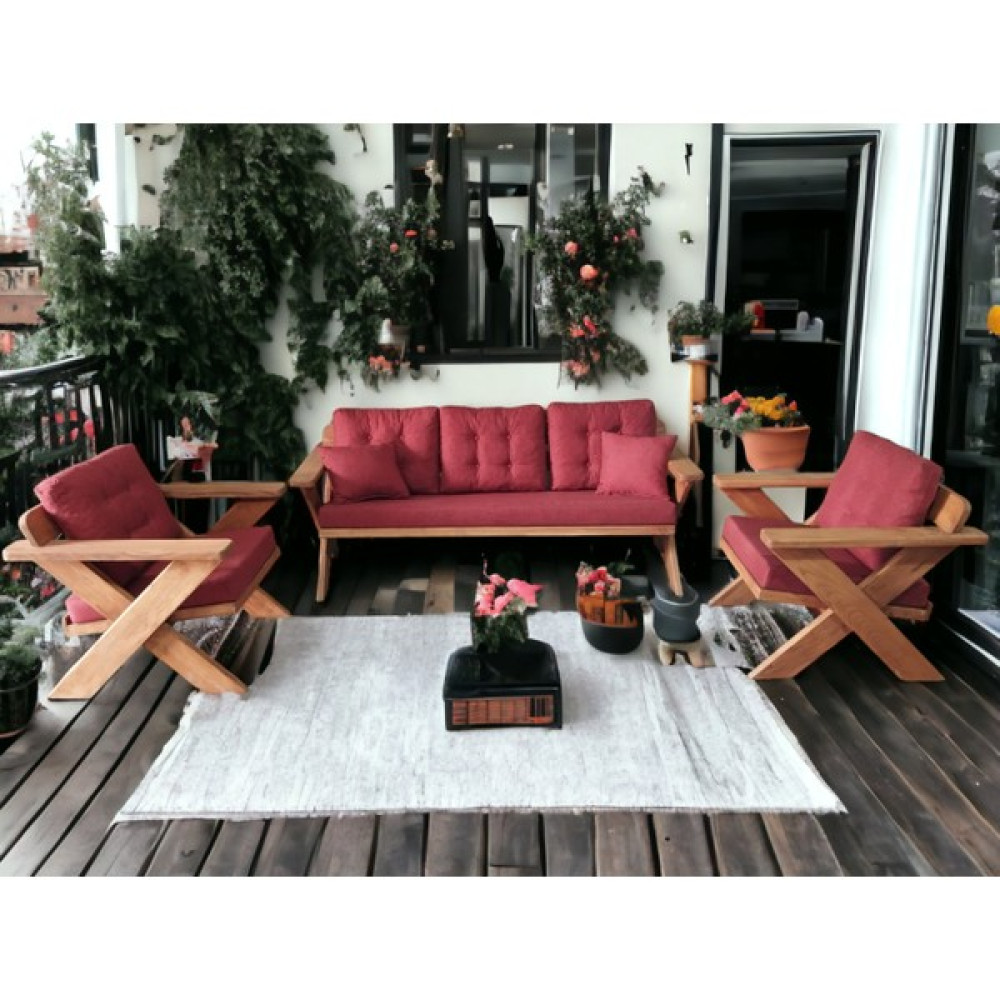 Zerka Concept Berlin Masif Ahşap Bahçe Balkon Koltuk Takımı Kestane Ağacı - 1 Adet Üçlü 2 Adet Tekli Bordo K.t. Bahçe Mobilyası Takımı Fiyatı