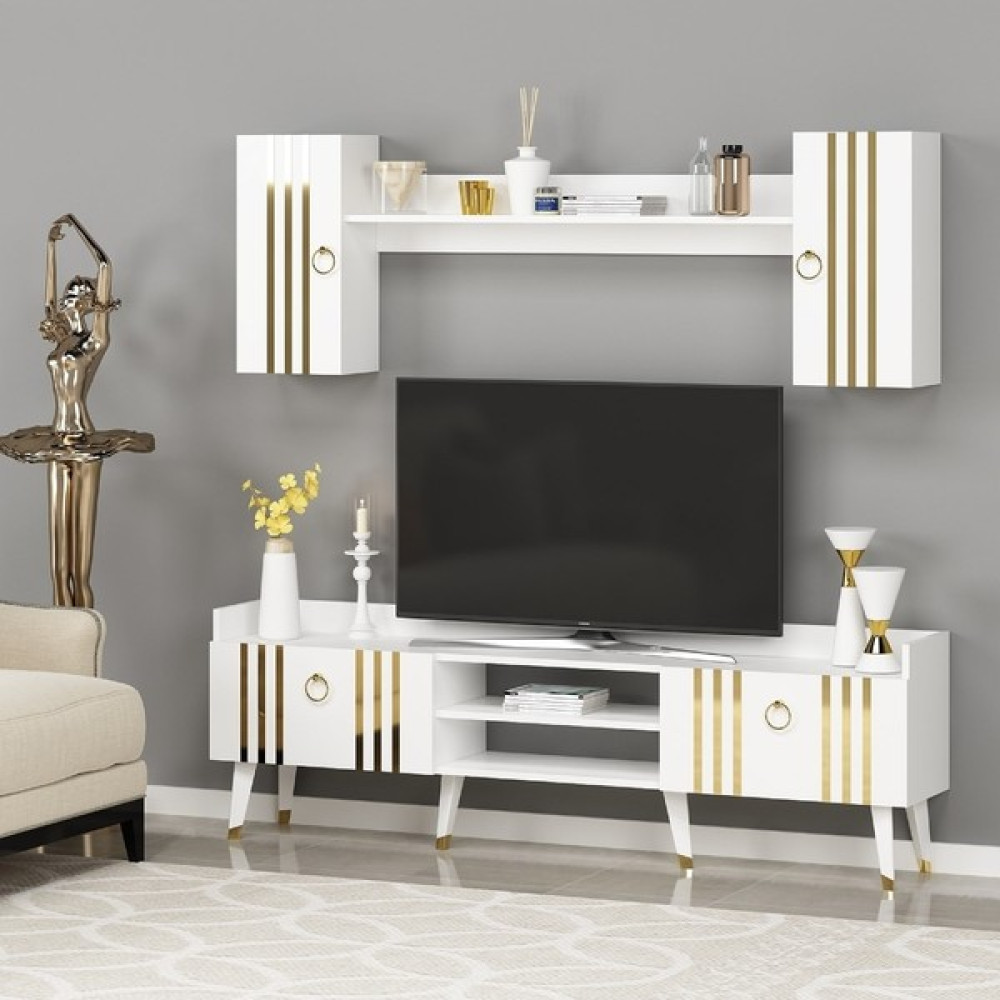 Zerka Concept Ekim Raflı Tv Ünitesi Tv Sehpası Beyaz-Altın 180 cm Modern Tasarım Tv Ünitesi / Sehpası Fiyatı