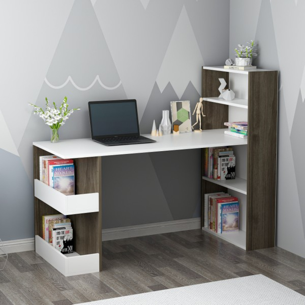 Zerka Concept Gold Kitaplıklı Çalışma Masası Beyaz-Ceviz - 120 x 60 cm Çalışma Masası Fiyatı