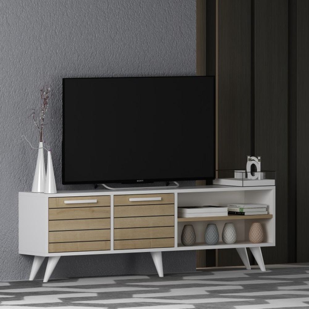 Zerka Concept Golf Konsol Tv Sehpası 150 cm Beyaz Gövde Meşe Kapak Tv Ünitesi / Sehpası Fiyatı