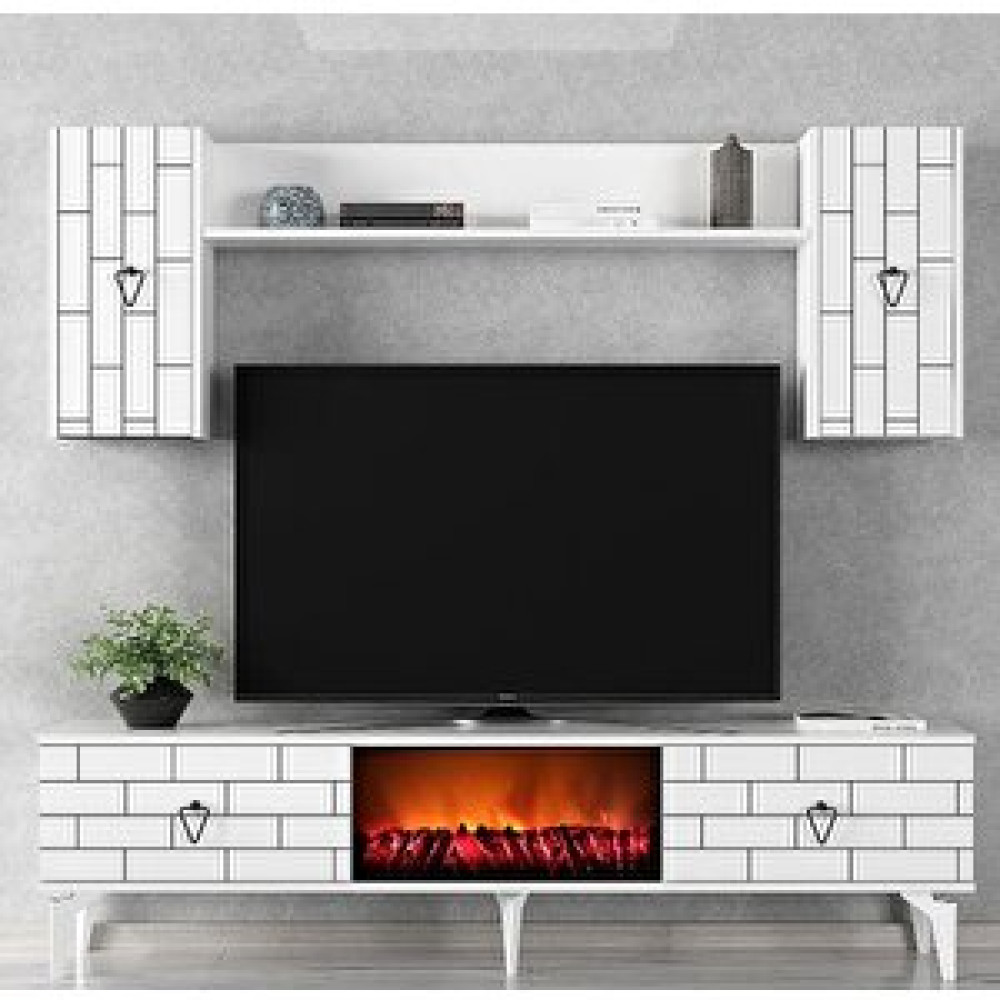 ZerkaConcept Belgrat Şömineli Tv Ünitesi Tv Sehpası Beyaz Tv Ünitesi / Sehpası Fiyatı