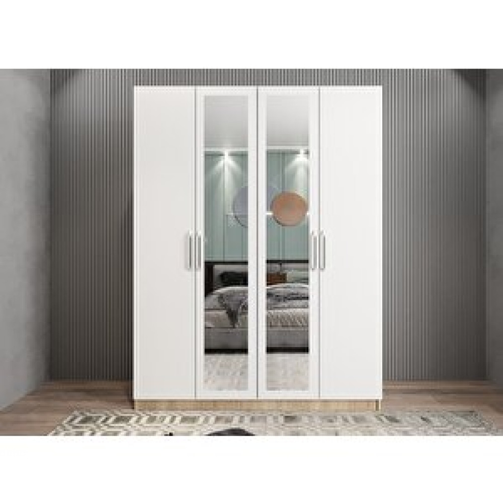 ZerkaConcept Bevel 4 Kapaklı Gizli Çekmeceli Gardırop Dolap Meşe Beyaz 140 Cm Montaj Dahil Gardrop & Dolap Fiyatı
