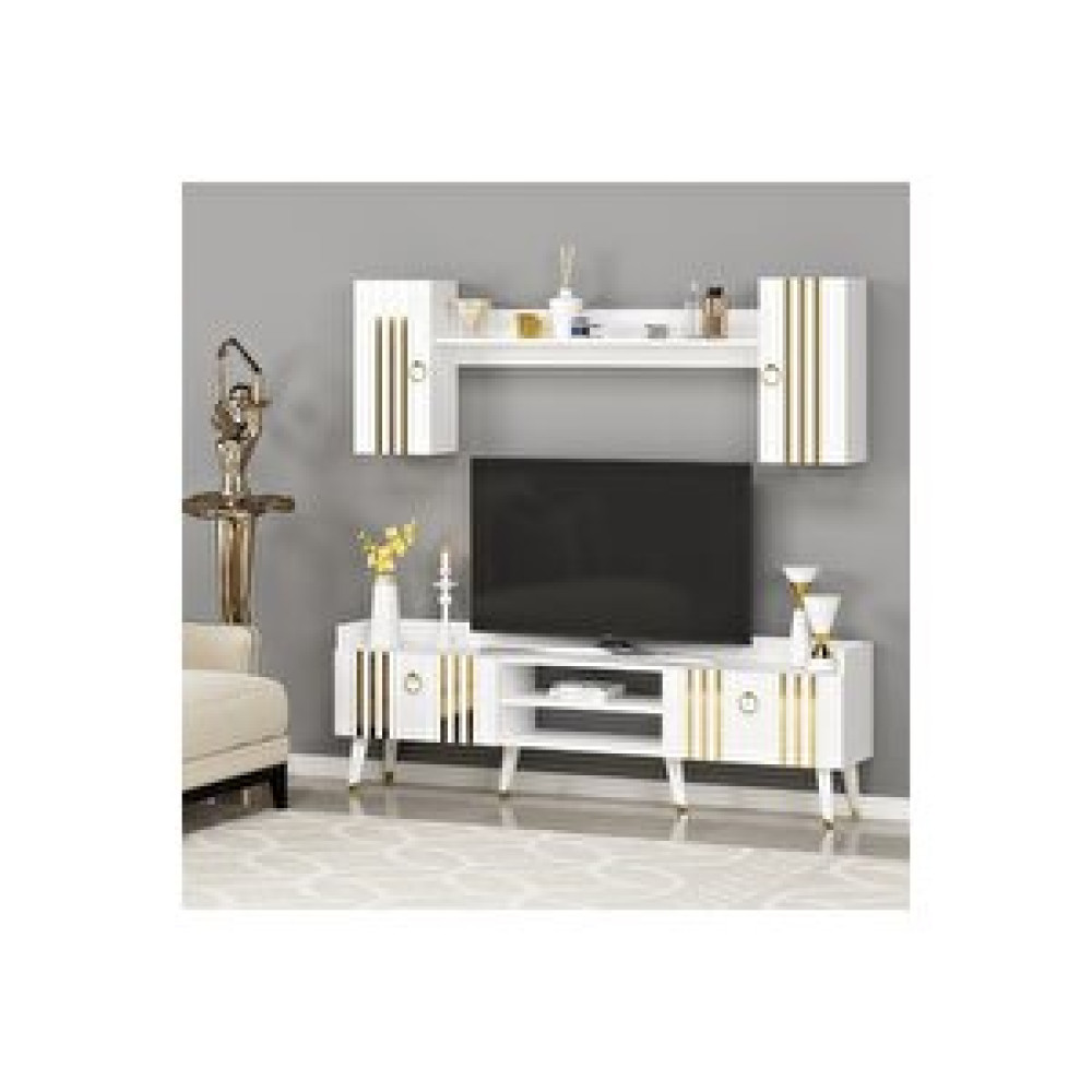 ZerkaConcept Ekim Raflı Tv Ünitesi Tv Sehpası Beyaz Altın 180 Cm Modern Tasarım Tv Ünitesi / Sehpası Fiyatı