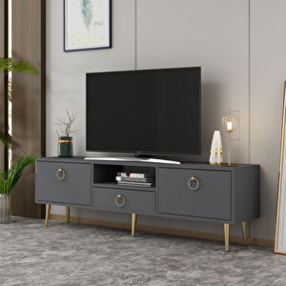 ZerkaConcept Girit 2 Kapaklı Raflı Ve Çekmeceli Tv Sehpası Tv Ünitesi Antrasit - Altın Tv Ünitesi / Sehpası Fiyatı