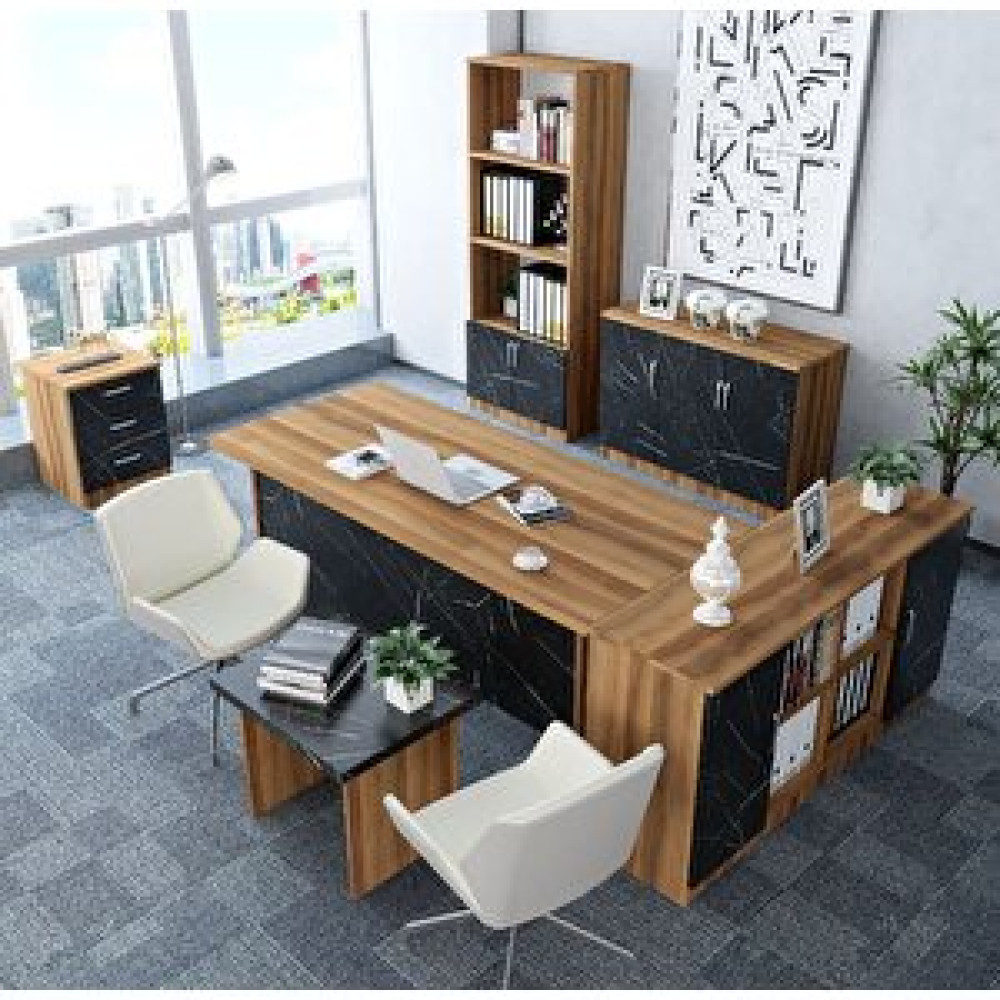 ZerkaConcept Naomi 6'lı Ofis Takımı Model 2 Ceviz Siyah Bilgisayar Masası Fiyatı
