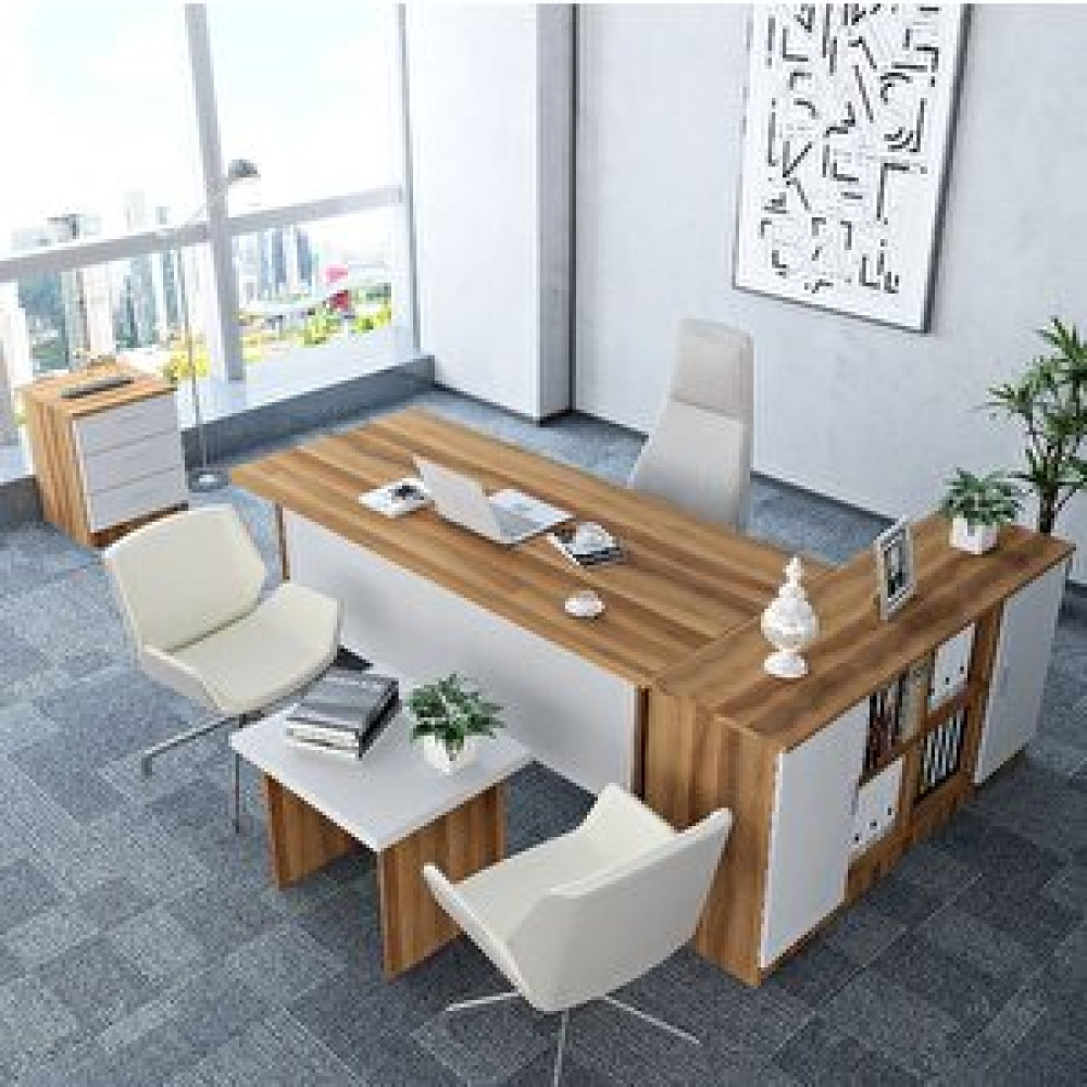 ZerkaConcept Pasha 4'lü Ofis Takımı Model 6 Ceviz Beyaz Bilgisayar Masası Fiyatı