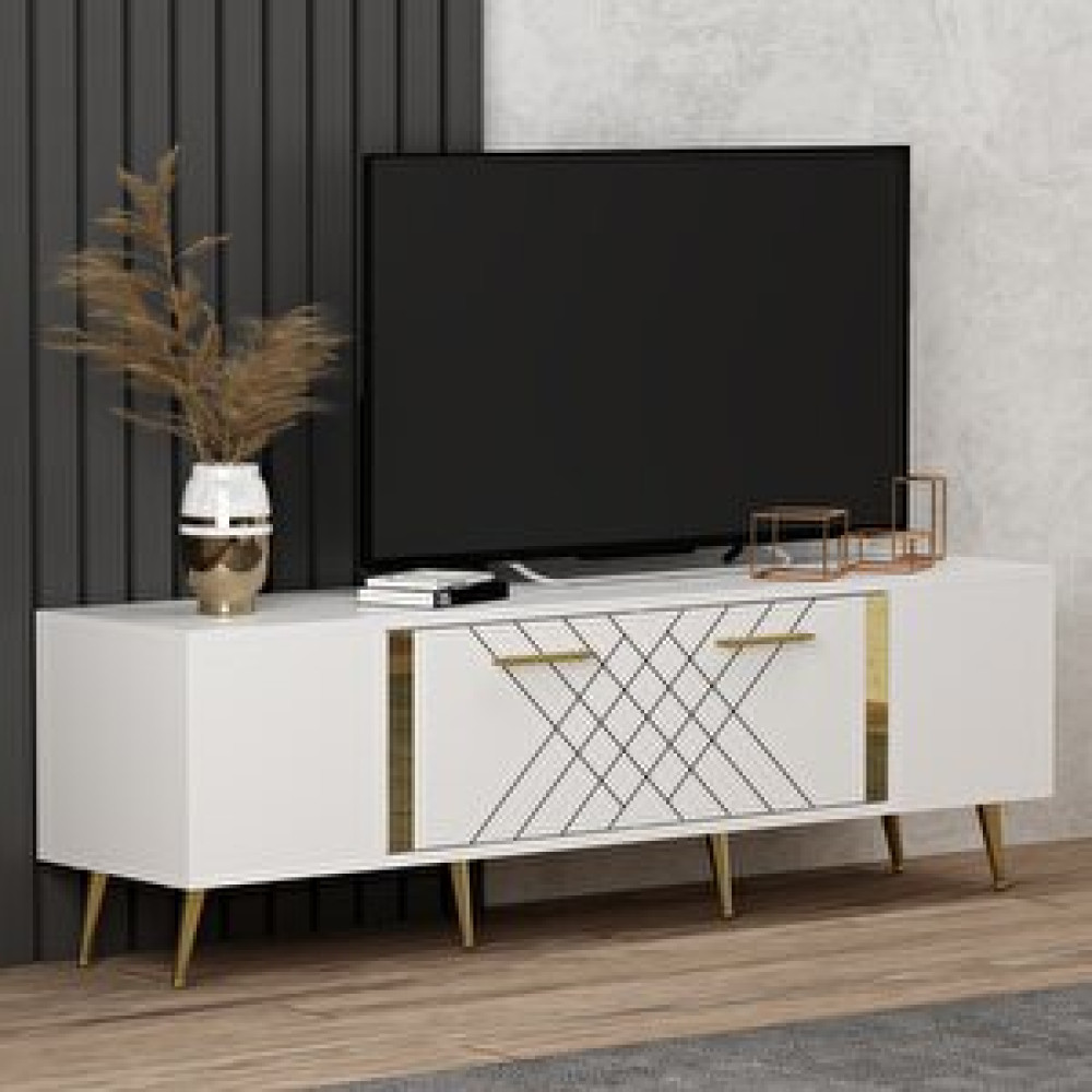 ZerkaConcept Pietro Lazer Desenli Tv Ünitesi Tv Sehpası Beyaz Altın 150 Cm Tv Ünitesi / Sehpası Fiyatı