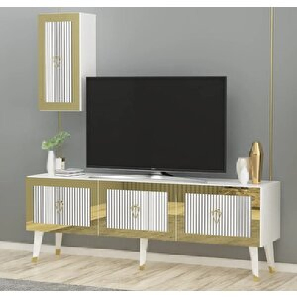 ZerkaConcept Scala Lazer Desenli Tv Ünitesi Beyaz Altın 150 Cm Tv Ünitesi / Sehpası Fiyatı