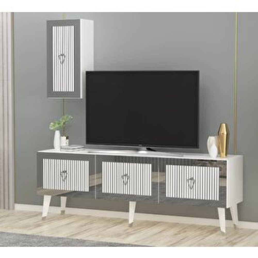 ZerkaConcept Scala Lazer Desenli Tv Ünitesi Beyaz Gümüş 150 Cm Tv Ünitesi / Sehpası Fiyatı