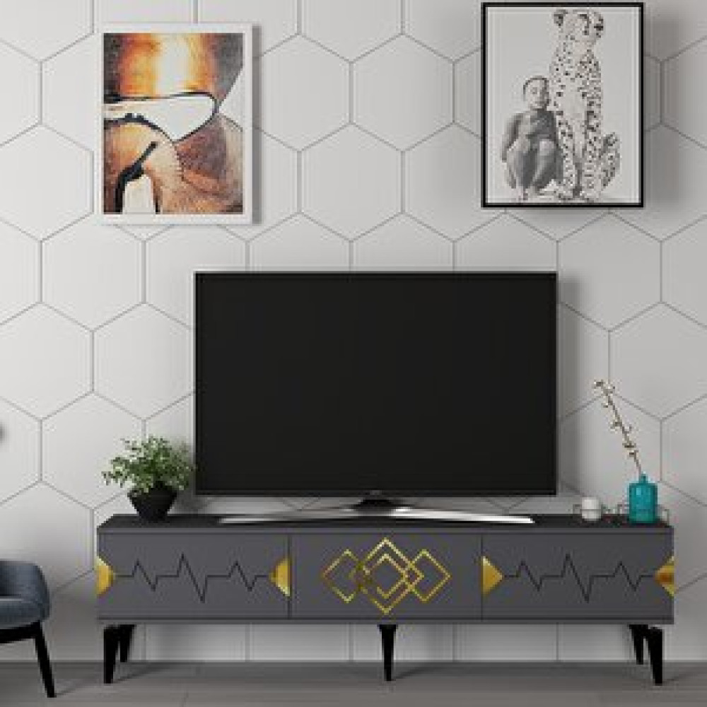 ZerkaConcept Tempo Tv Sehpası Tv Ünitesi Antrasit - Altın Tv Ünitesi / Sehpası Fiyatı