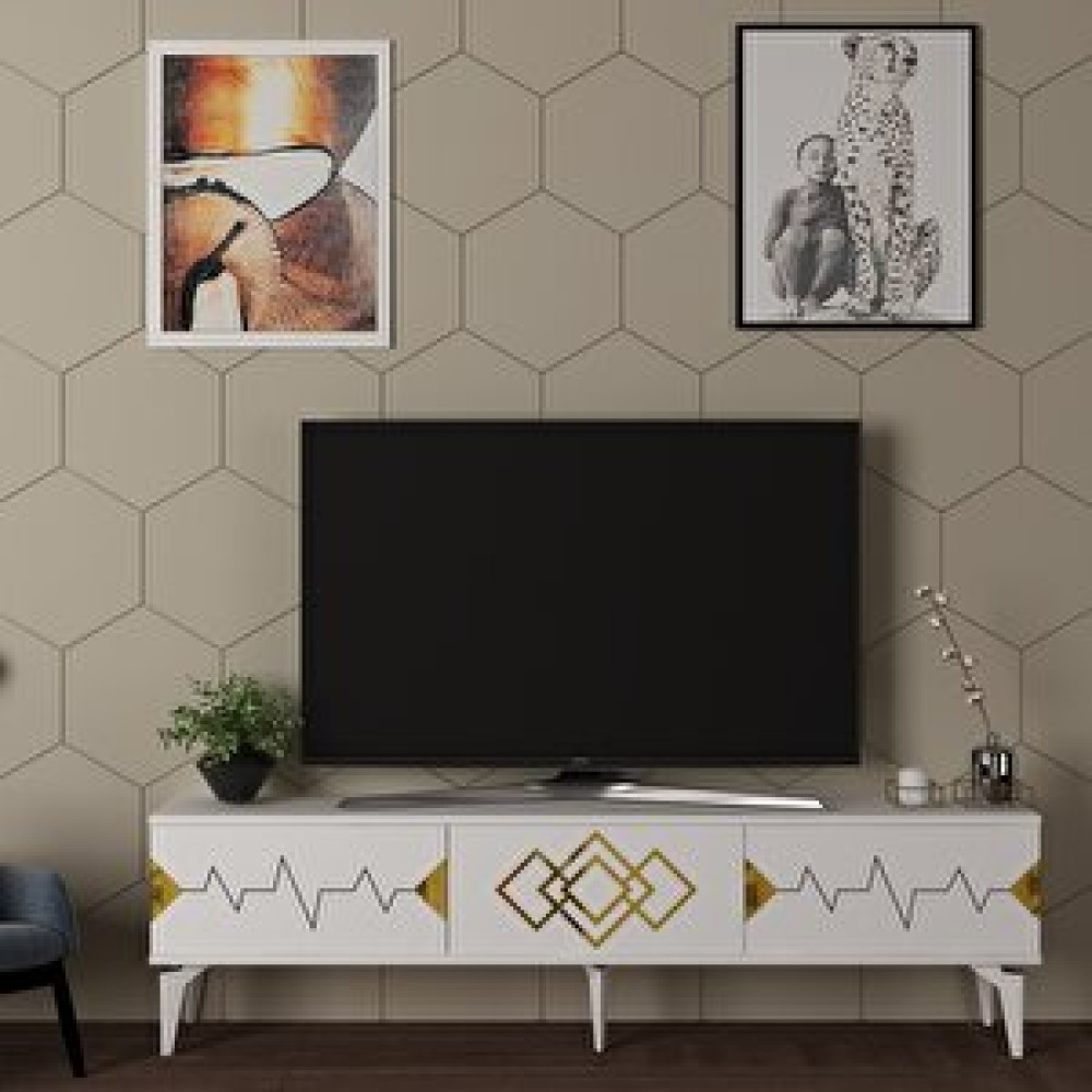 ZerkaConcept Tempo Tv Sehpası Tv Ünitesi Beyaz - Altın Tv Ünitesi / Sehpası Fiyatı