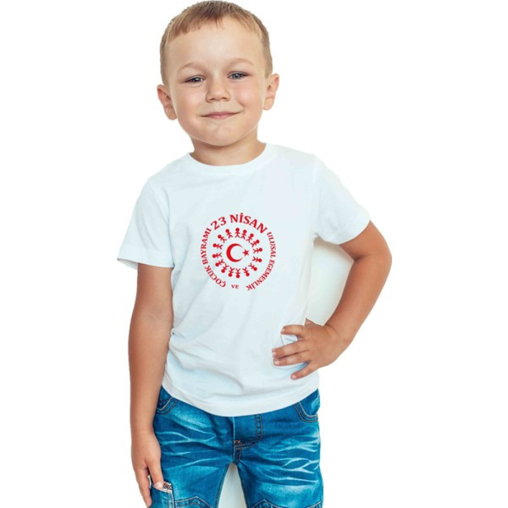 Zeron Tasarım 23 Nisan Baskılı Bisiklet Yaka Çocuk Tişörtü BLL1525 Erkek Çocuk T-shirt Fiyatı