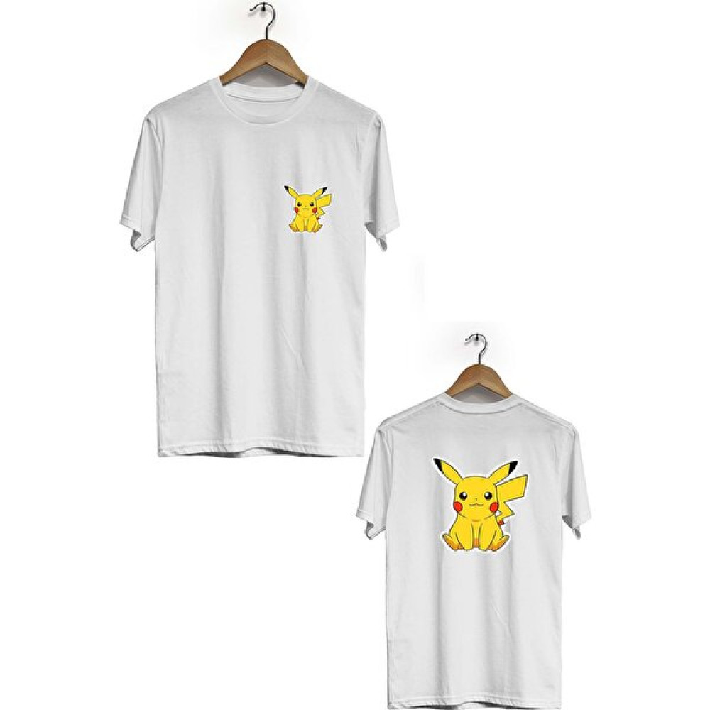 Zeron Tasarım Pikaçu Pokemon Ön Arka Baskılı Kısa Kol Bisiklet Yaka Tişört BLL2379 Erkek T-shirt Fiyatı