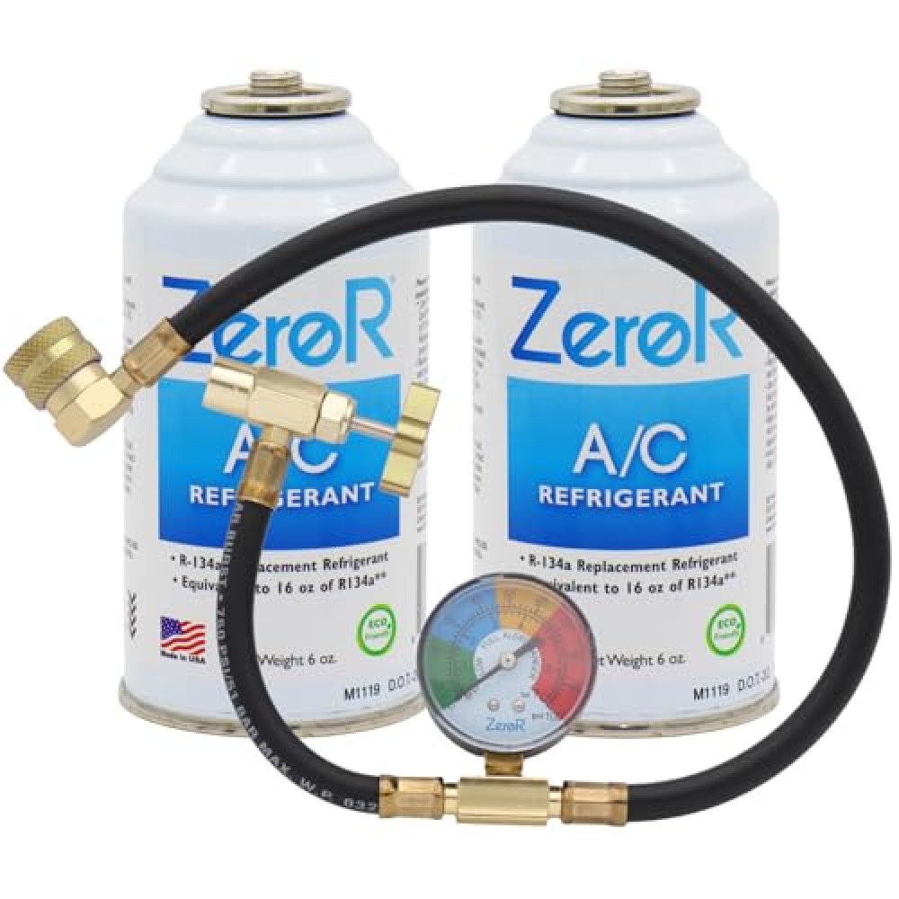 ZeroR® AC Refrigerant | R134a Replacement | 2 6oz Cans for AC Recharging + 24" HD Can Tap Gauge