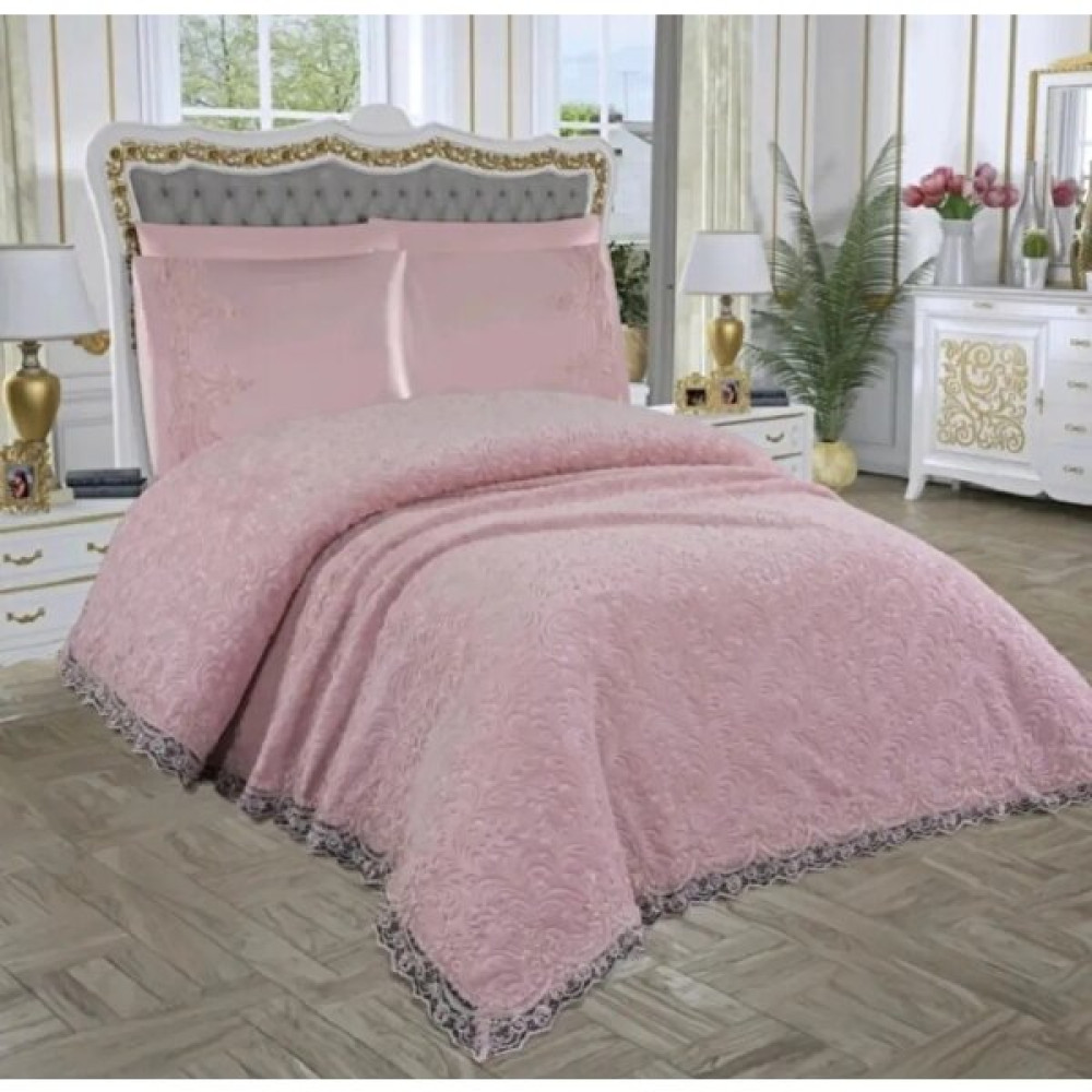 Zesa Home Fransız Dantelli 6 Parça Battaniye Yatak Örtüsü Seti- Çeyiz Kutulu- - Pudra - 230 x 250 cm Battaniye Fiyatı