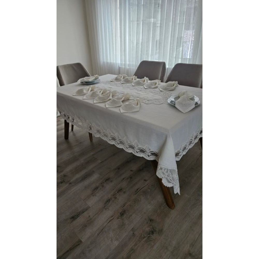 Zesa Home Lüx Gardenya Keten 8 Kişilik 18 Parça Ağır Dantelli Leke Tutmaz Masa Örtüsü -160X180...160X300 - 160 x 220 cm - Krem Masa Örtüsü Fiyatı