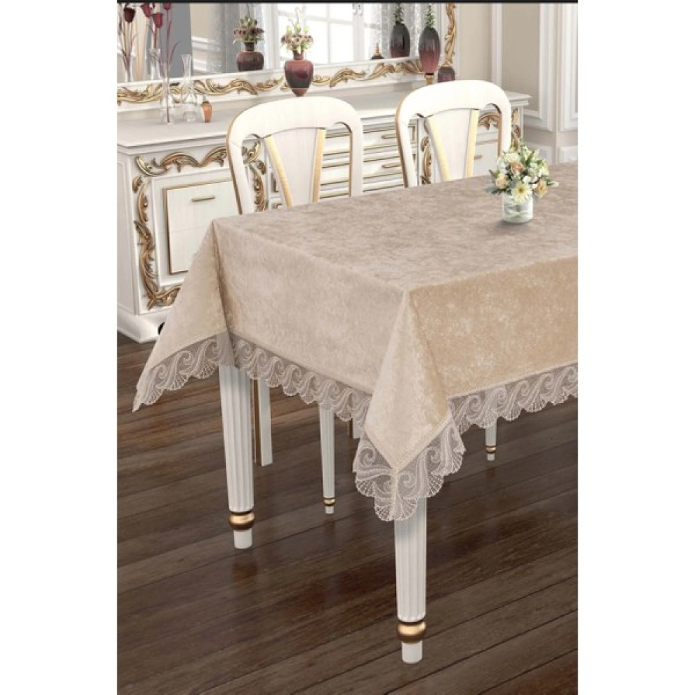 Zesa Home Lüx Güpürlü Kadife Masa Örtüsü - 160 x 280 cm - Cappucino Masa Örtüsü Fiyatı