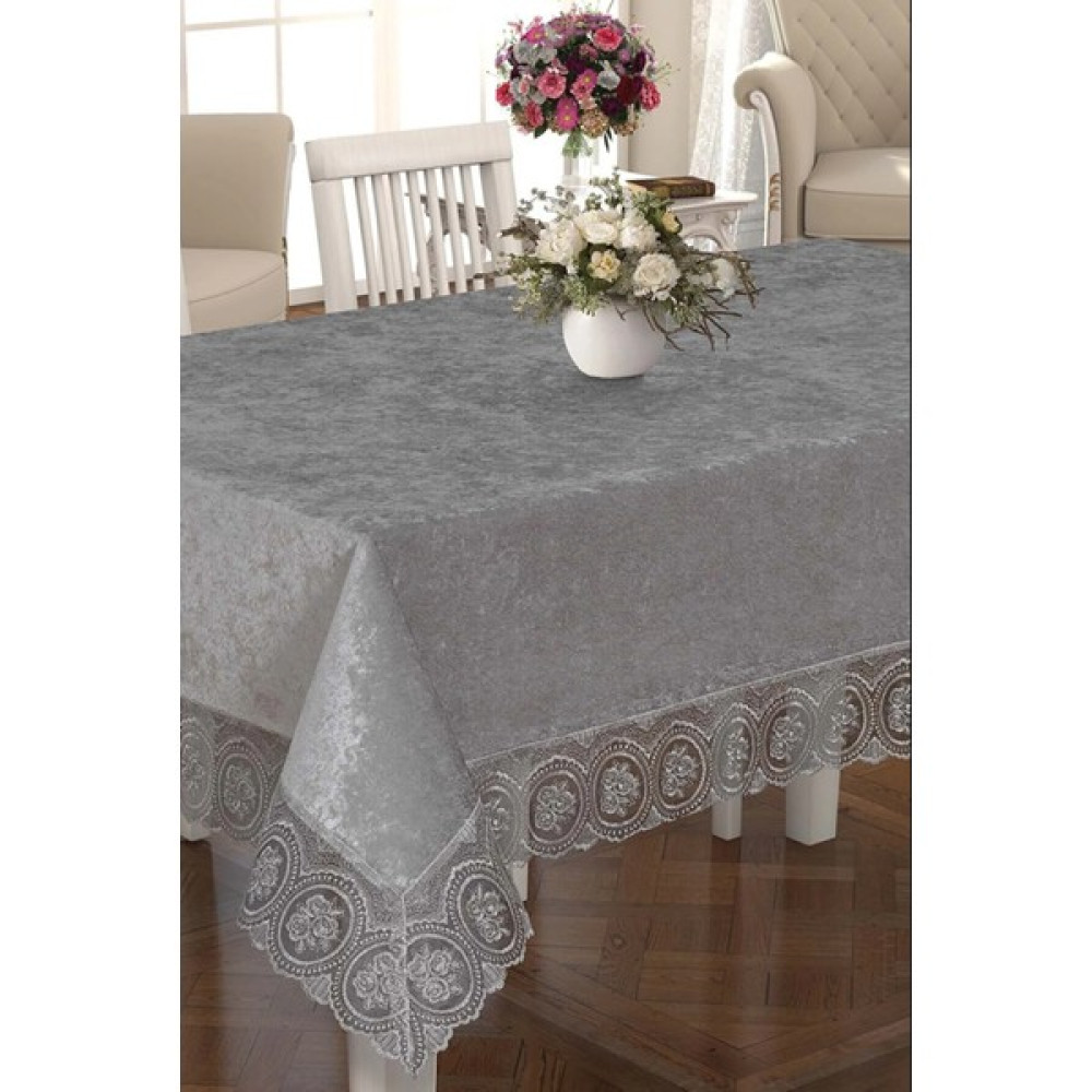 Zesa Home Lüx Güpürlü Kadife Masa Örtüsü - 160 x 280 cm - Gri Masa Örtüsü Fiyatı