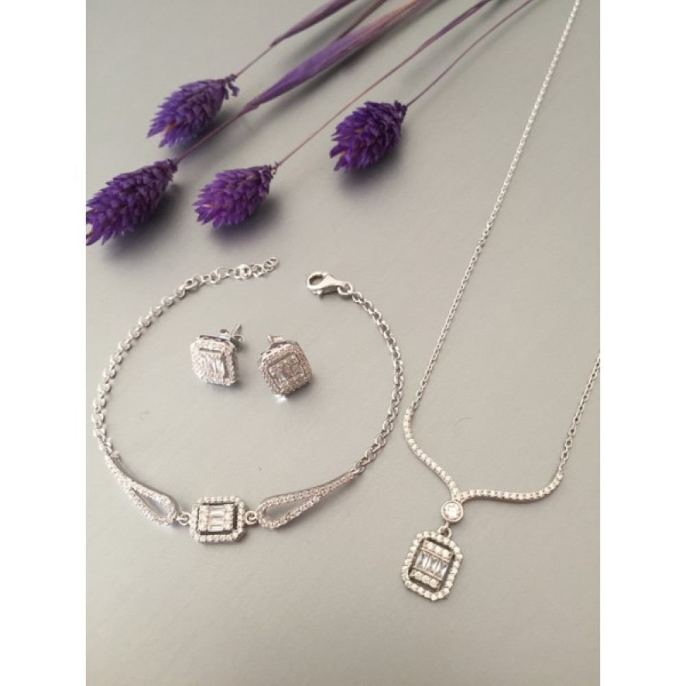 Zeta Jewel Çoklu Baget Taşlı Üçlü Set (Kolye-Küpe-Bileklik) Gümüş Kolye Fiyatı