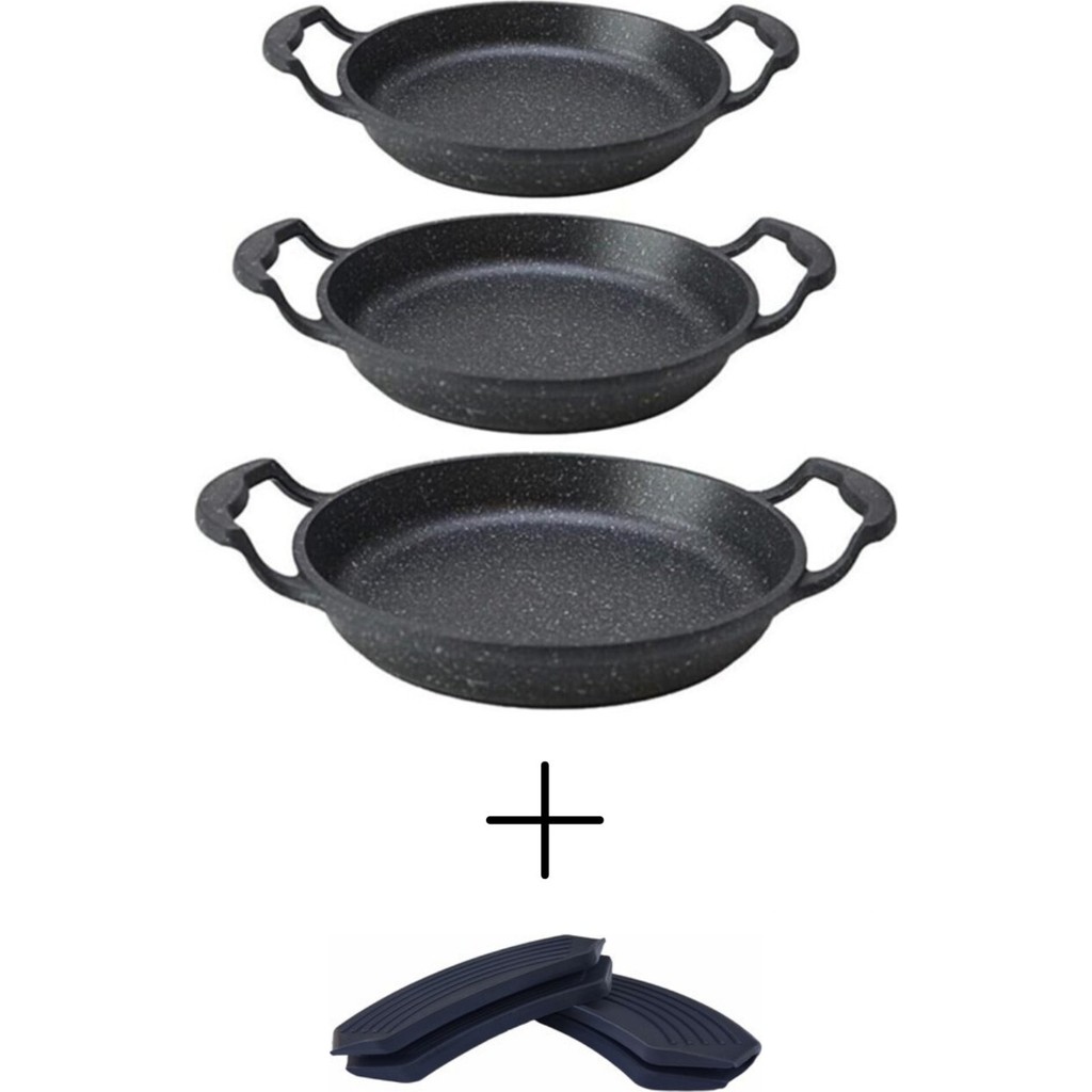 Zetmon Siyah Granit Döküm Kaplama Alüminyum Döküm Sahan Set 3'lü(18-20-22 Cm) + 1 Çift Tava Kulp Tutacak - GRANİT Tavalar Fiyatı