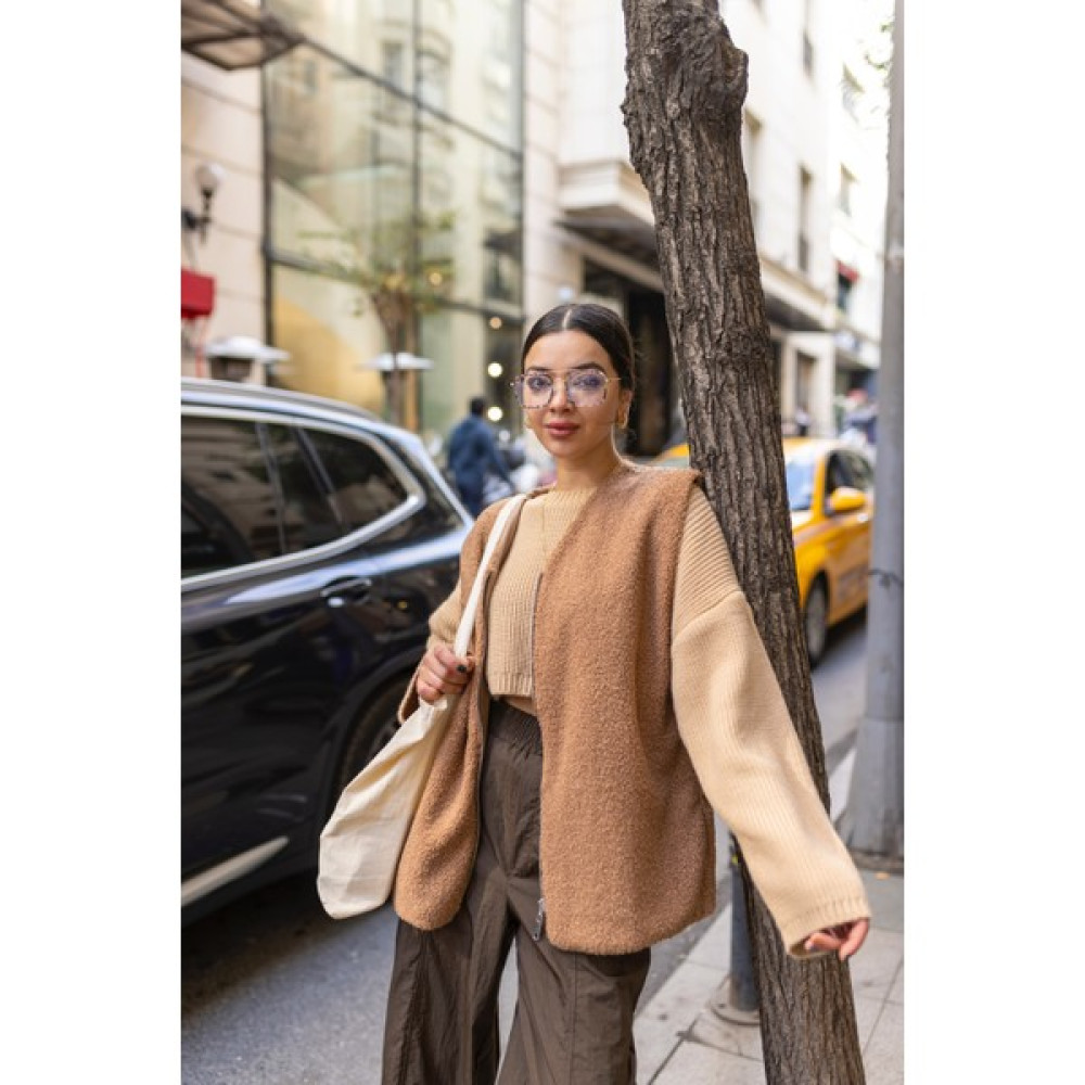 Zey Studio Kadın Camel V Yaka Peluş Yelek Kadın Yelek Fiyatı