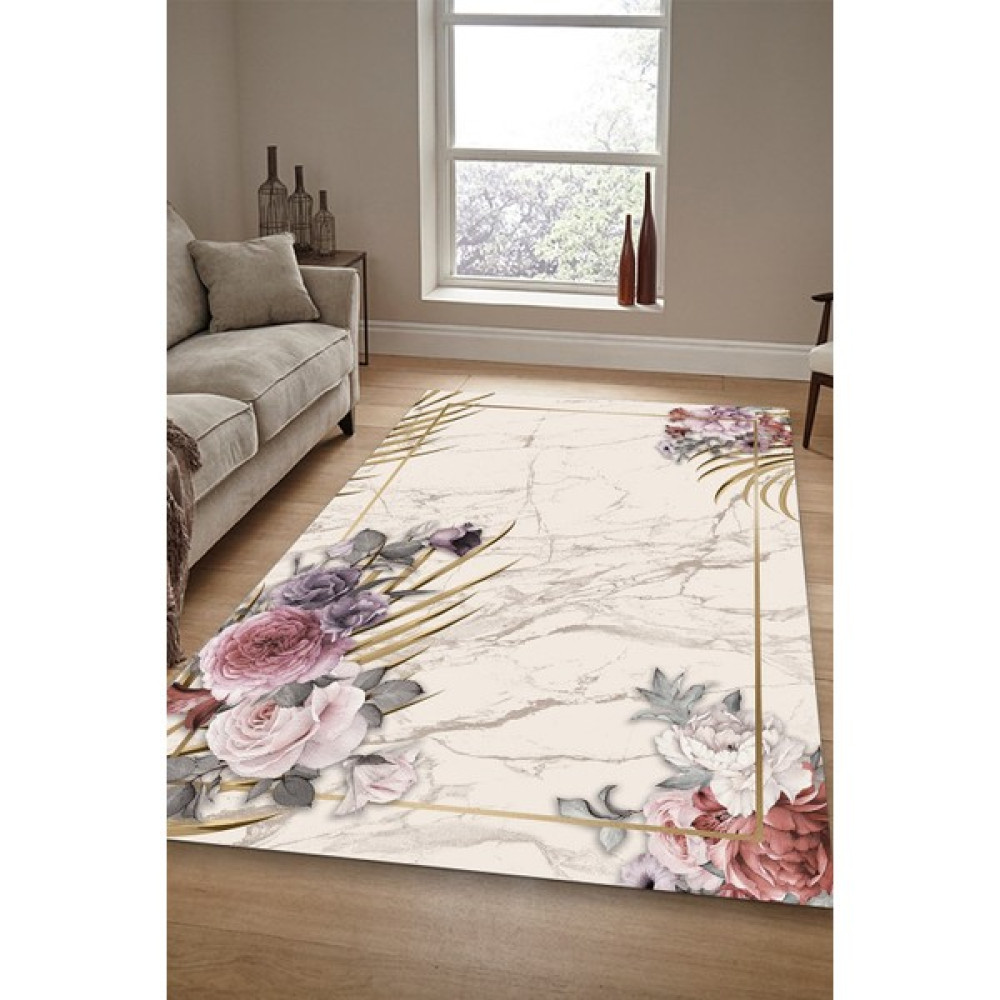 Zeyhan Tekstil Çiçek Çerçeveli Süngerli Lastikli Kaymaz Su Geçirmez Halı Örtüsü - 160 x 230 cm - Krem Salon & Oturma Odası Tekstili Fiyatı