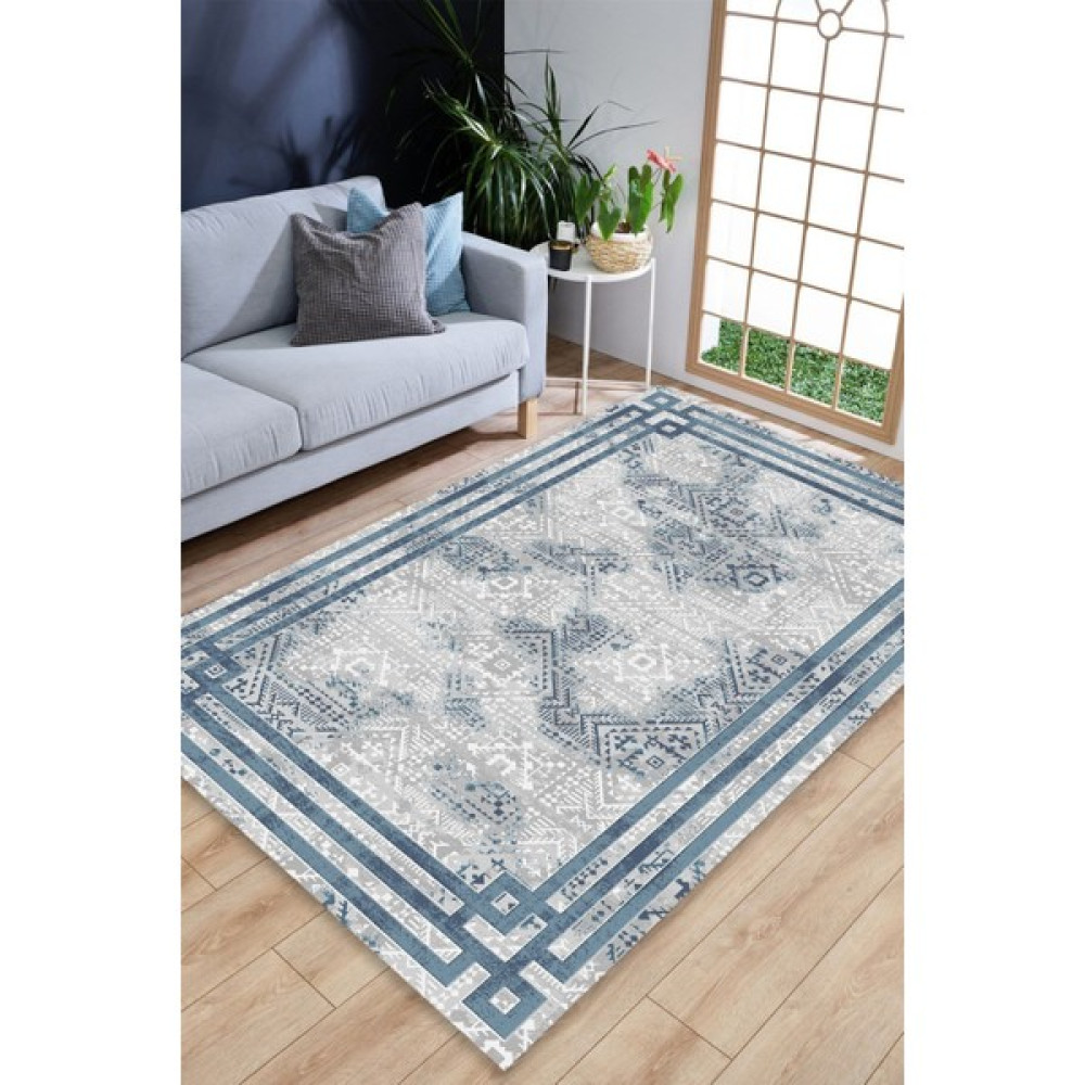 Zeyhan Tekstil Selçuklu Motif Süngerli Lastikli Kaymaz Su Geçirmez Halı Örtüsü - 200 x 300 cm - Lacivert Salon & Oturma Odası Tekstili Fiyatı