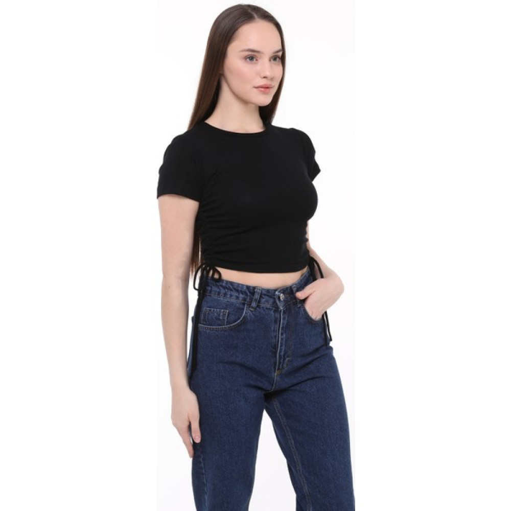 Zeymer Basic Viskon Bisiklet Yaka Yanları Büzgü Bağcıklı Kısa Kollu T-Shirt Bayan T-shirt Fiyatı