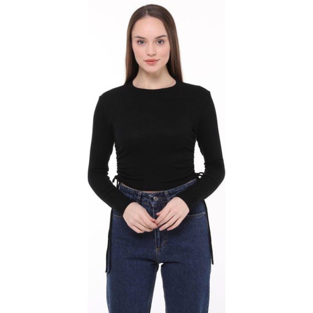 Zeymer Basic Viskon Bisiklet Yaka Yanları Büzgü Bağcıklı Uzun Kollu T-Shirt Bayan T-shirt Fiyatı