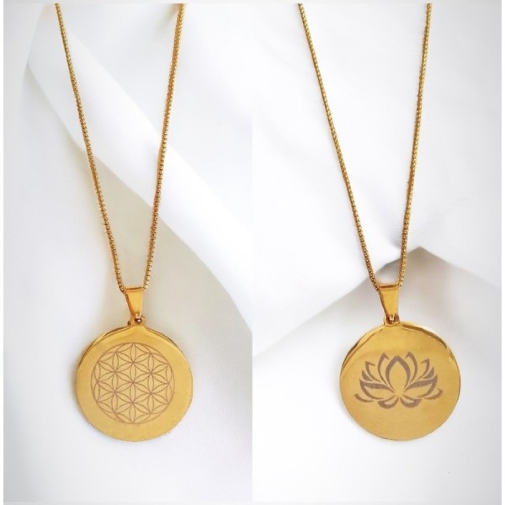 Zeyn Çift Taraflı Kullanılabilen Çelik Kolye Yaşam Çiçeği ve Lotus Çiçeği - Gold Gümüş Kolye Fiyatı