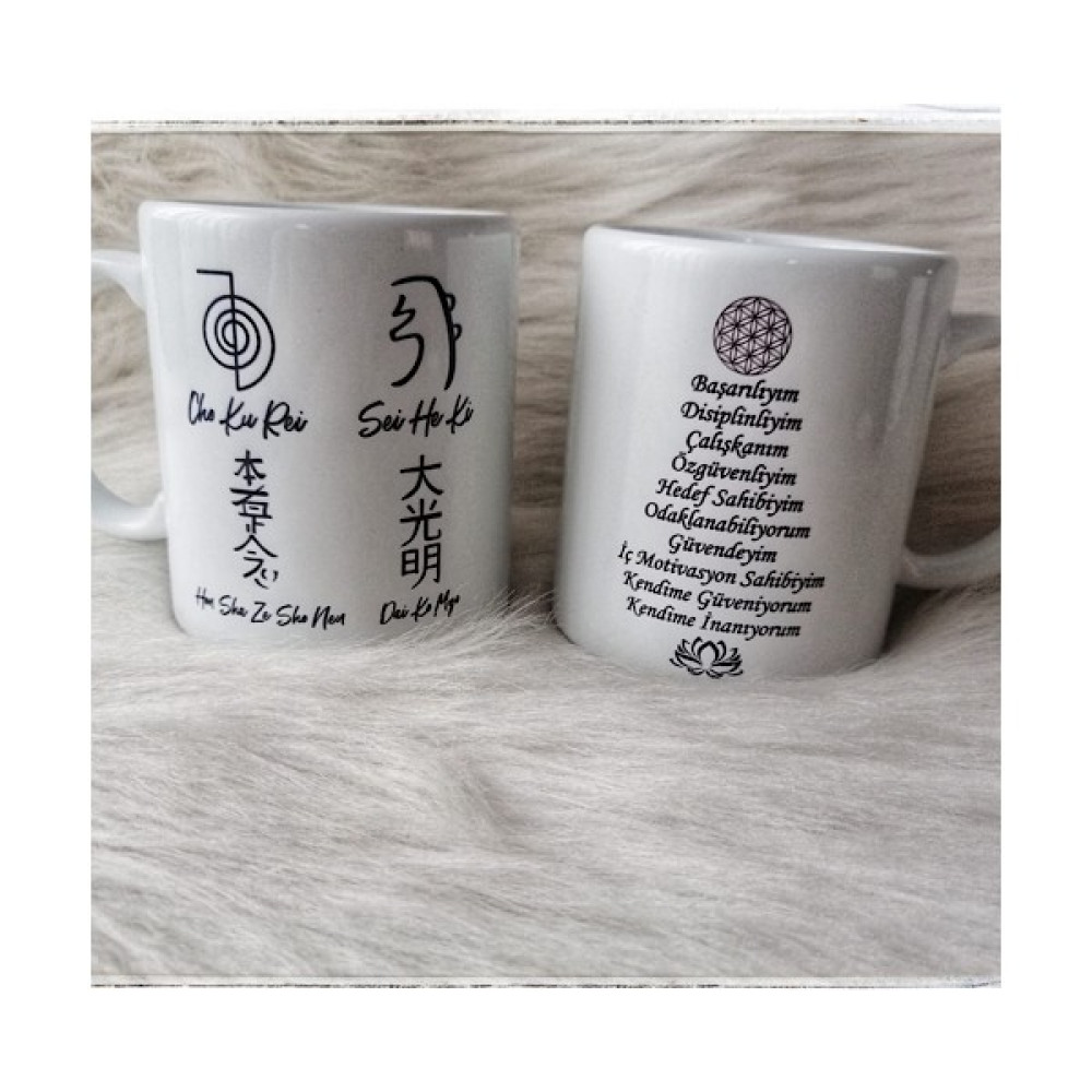 Zeyn Reiki Olumlama Sembol Porselen Çift Taraflı Kupa Bardak - Beyaz Fincan / Bardak / Kahve Takımı Fiyatı