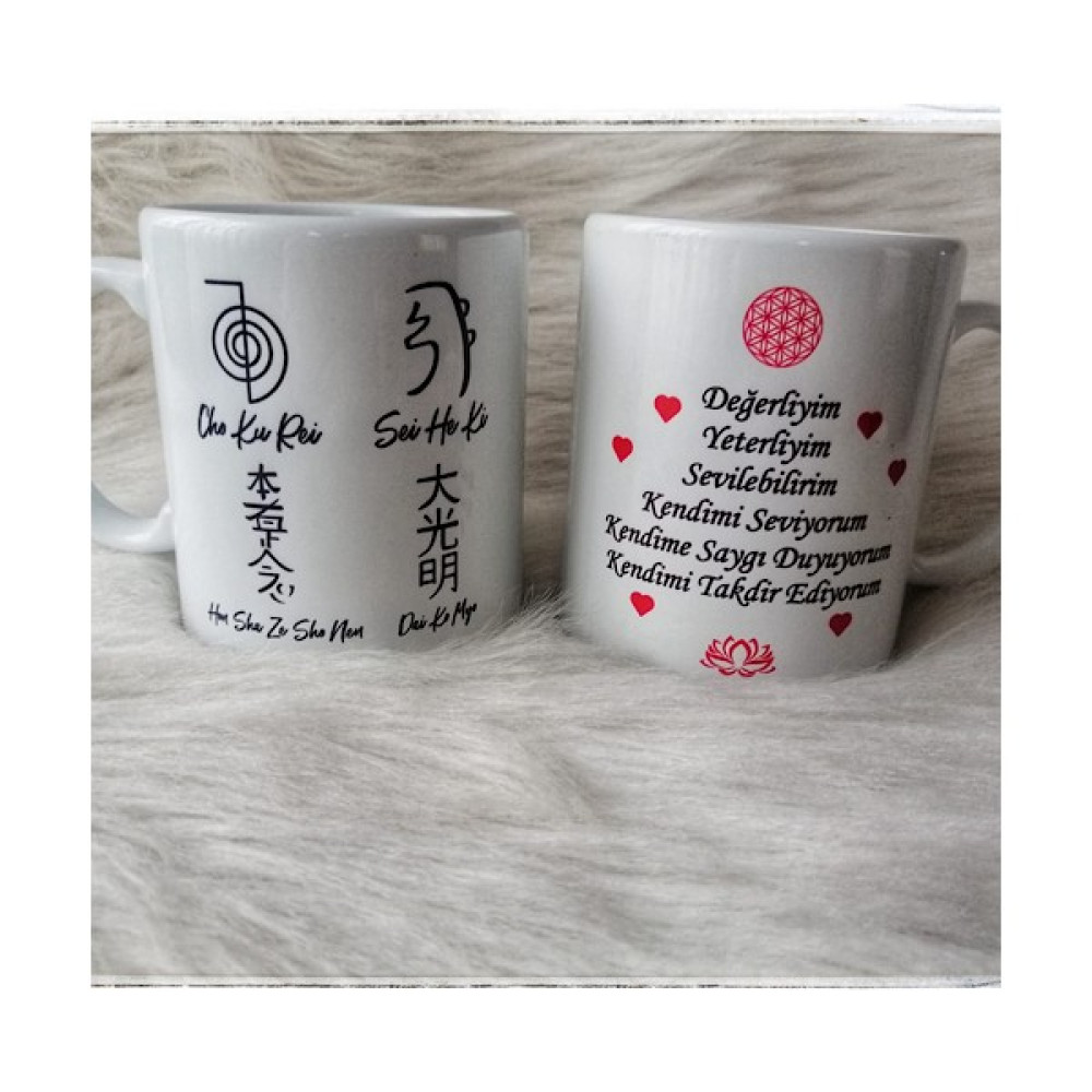 Zeyn Reiki Özdeğer Sembol Porselen Çift Taraflı Kupa Bardak - Beyaz Fincan / Bardak / Kahve Takımı Fiyatı